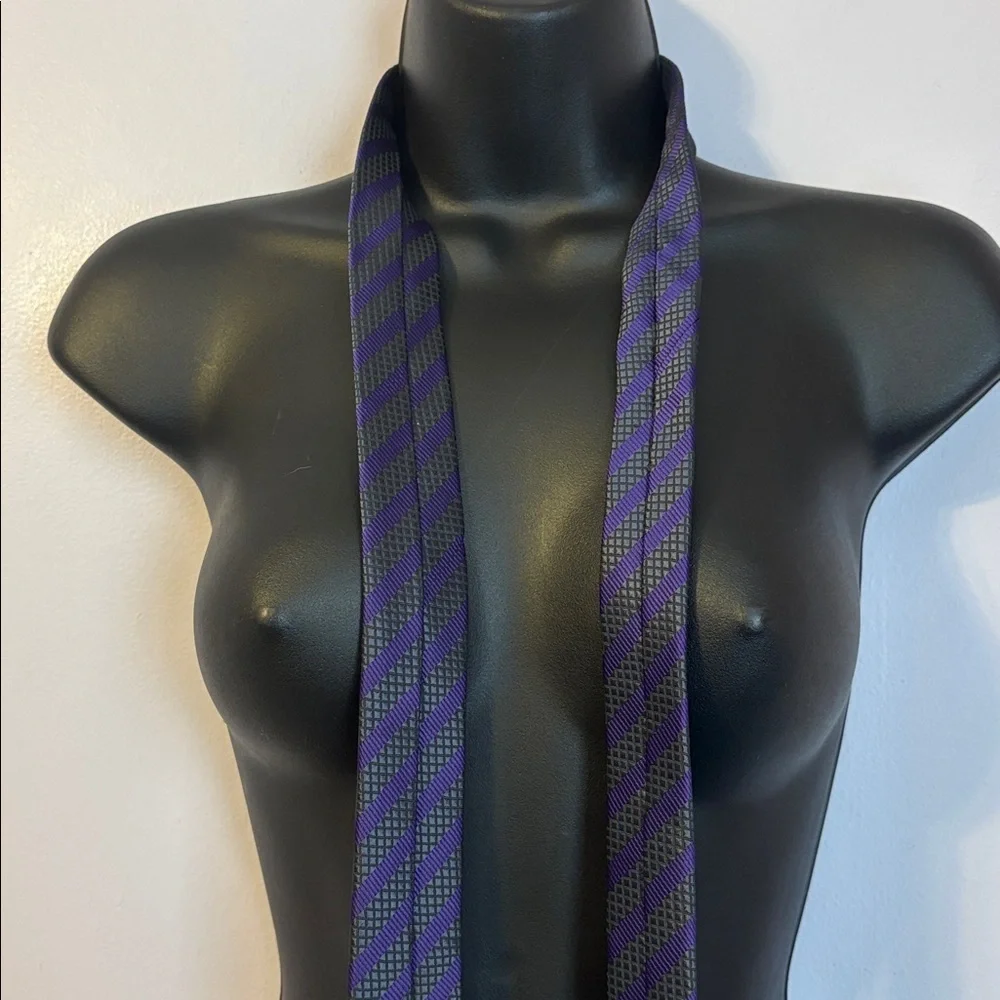 Valentino Gray Silver Purple Striped Thin Textured Necktie Tie
